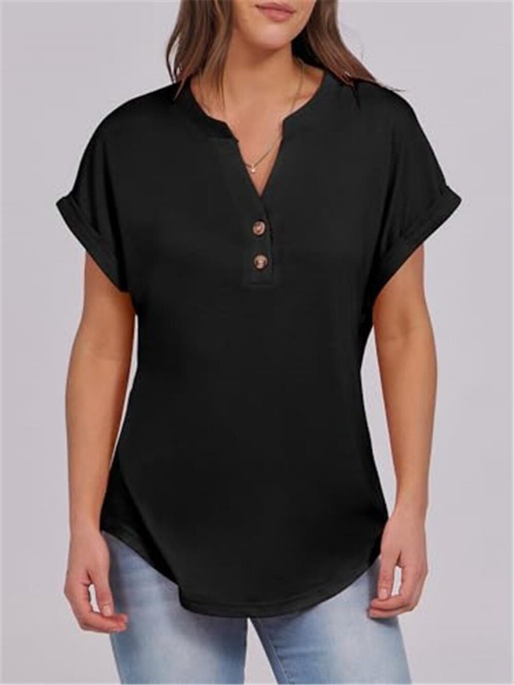 Womens Henley Top Black Short Sleeve V Neck Casual Blouse Summer Tee Shirt - Picture 2 of 6